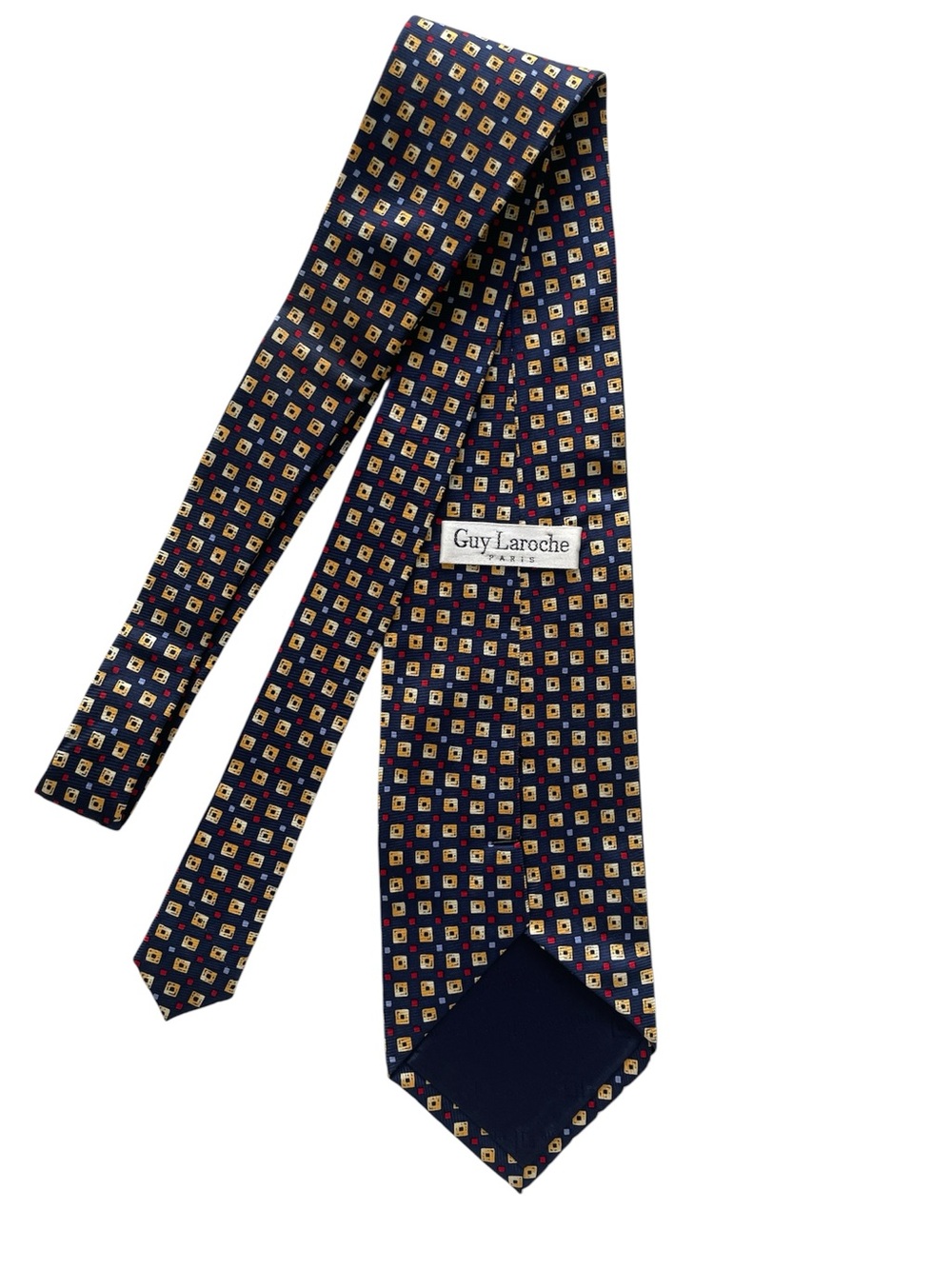 Guy Laroche Paris Navy Silk Tie with Gold and Red Geometric Motif
